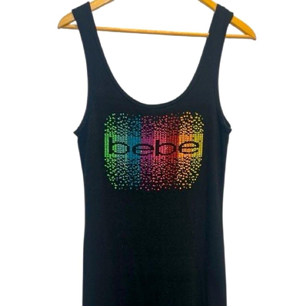 Bebe Black Tank Maxi Slit Dress Rainbow Rhinestone Logo Bodycon Y2K 90’s Size M